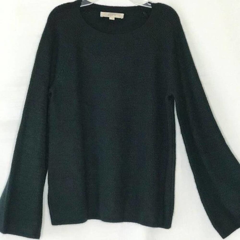 LOFT Green Bell Sleeve Knit Top | Classic Minimalist Long Sleeve Small - Picture 2 of 7